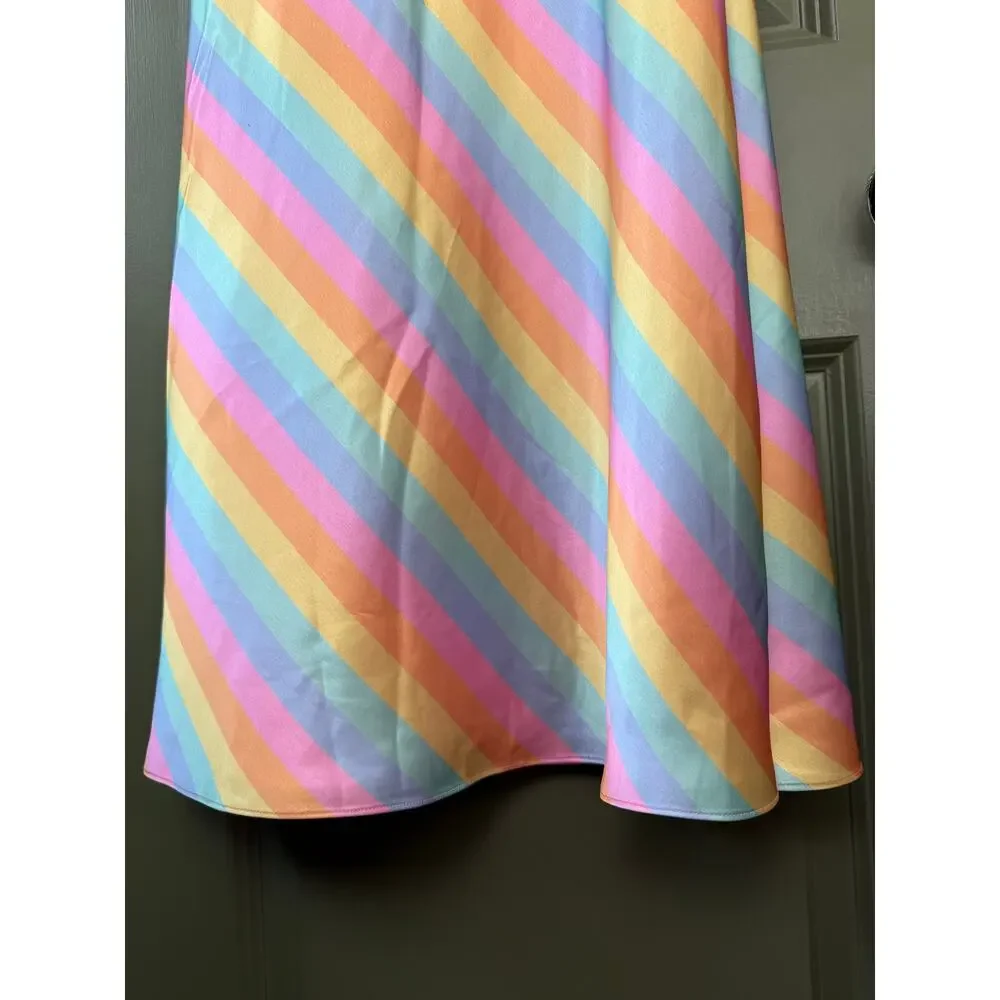NWT Saylor Anora Rainbow Bias Satin Bow Strapless Stripe Resort Midi Dress Small - Picture 4 of 6